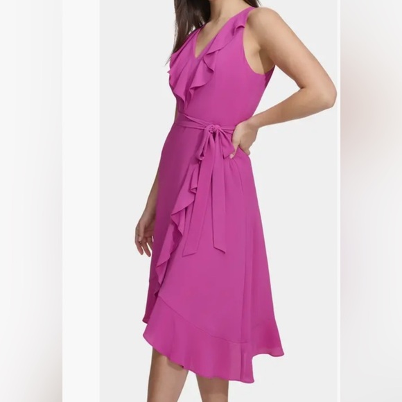 NWOT Kensie Fuchsia Ruffle Neck Tie Waist Midi Wrap Sundress - Size 14 - Picture 3 of 6